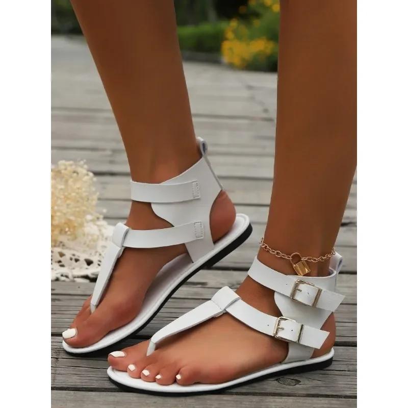 2025 Women's Summer New Vintage Solid Color Flat Sandals Fashion Leather Non-slip Outdoor Flip-flops Beach Roman Shoes Size 43
