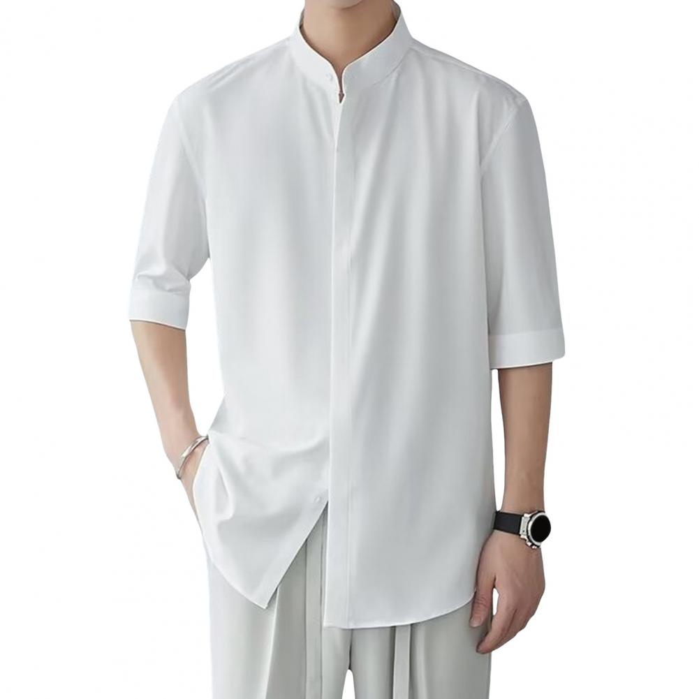 

Мужская рубашка, новый китайский стиль, воротник-стойка, сплошной цвет, свободные рукава средней длины, повседневная повседневная одежда, офисный топ средней длины M белый