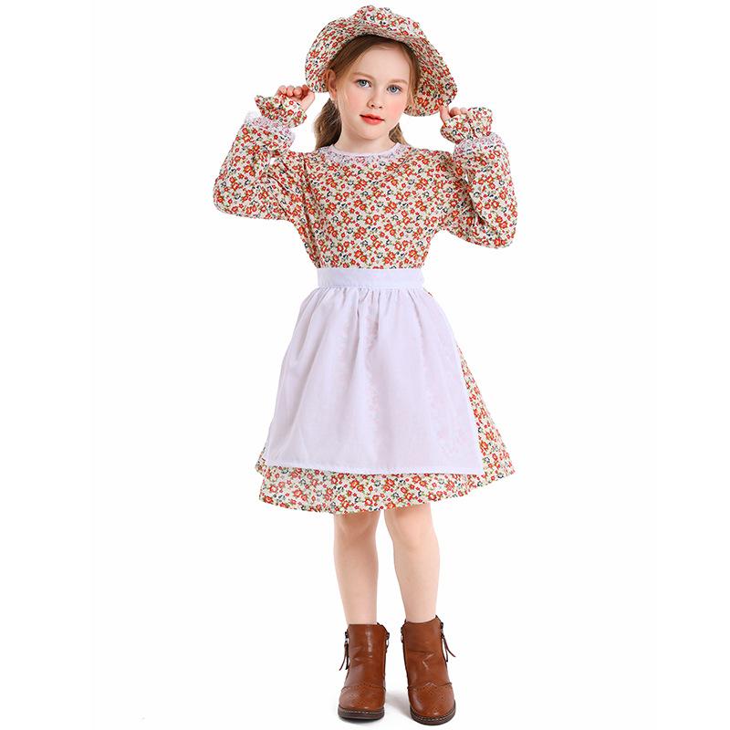 

Kids Girls Drama Pastoral Farm Flowers Floral Maid Dress White Apron Hat Set Halloween Cosplay Costumes Role Play Outfit S