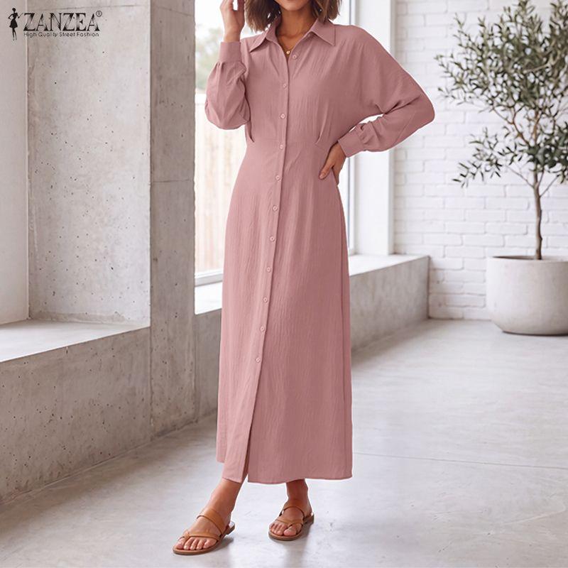 ZANZEA Women Turn Down Collar Long Sleeve Bandage Waist Casual Elegant Shirts Dress