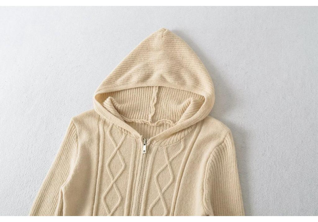 Y6015-26 Spring French Retro Cable Knit Slim Zipper Cardigan Hoodie