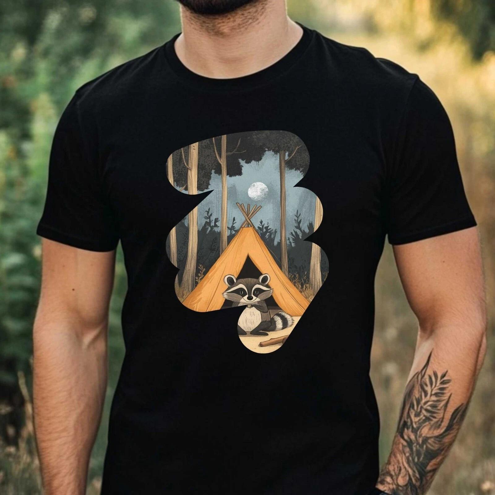 T-Shirt Herren Camping Waschbär Motiv Baumwolle Größe XS bis 5XL XXXL