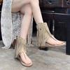 Keilabsatz Flach Coole Stiefel Sommer Neu Runde Spitze mit Zehenniete Fransen Seitenreißverschluss Rutschfest Verschleißfest Kurze Stiefel