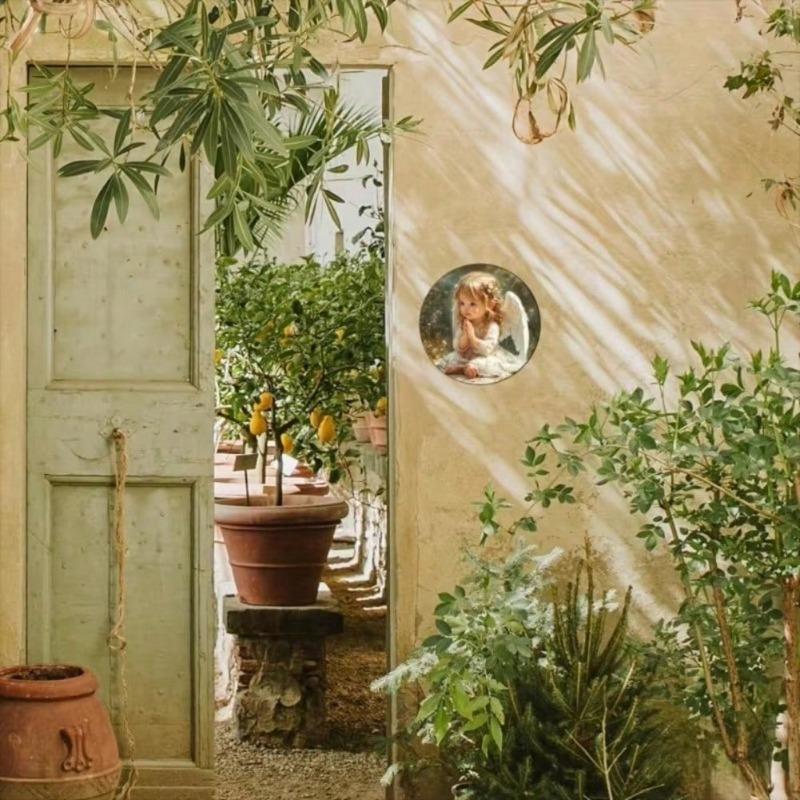 Metal Wall Art Aluminum Decor, Angel Theme Round Floral Sign, Home Living Room Cafe Decor