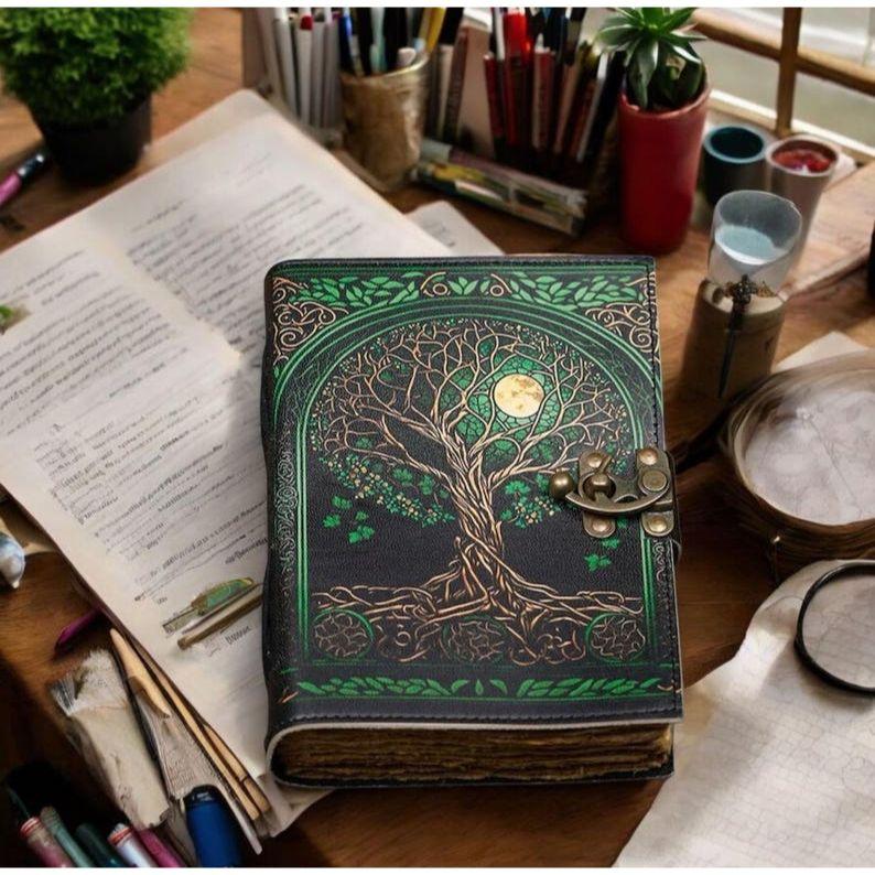 Handmade Leather Journal: Tree of Life Grimoire with Antique Lock