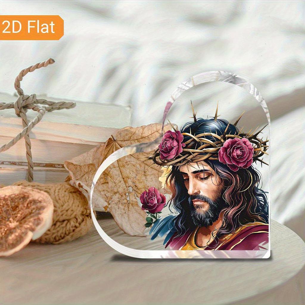 1pc Heart-Shaped Acrylic Easter Ornament - Art Deco Jesus Design with Thorny Crown & Floral Accents, Inspirational Christian Desk Decor for Home