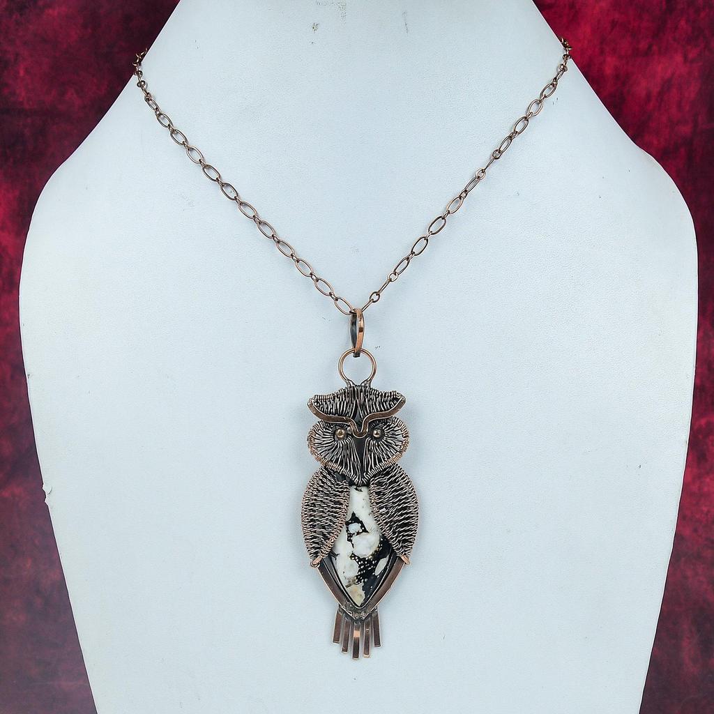 Peanut Wood Jasper Real Gemstone Pendant Owl Pendant Copper Wire Wrapped Jewelry
