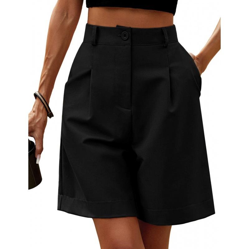 Pantaloncini Estivi da Donna Elastici Vita Alta Tasche Laterali Ampie Dritti Morbidi Monocolore Traspiranti Casual da Ufficio