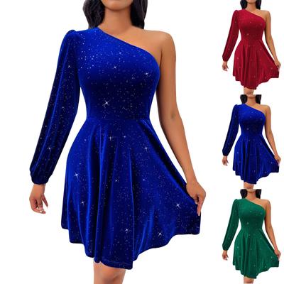 Women's Fall Long Sleeve Slanted Shoulder Color Waist Cinching Sexy Dress