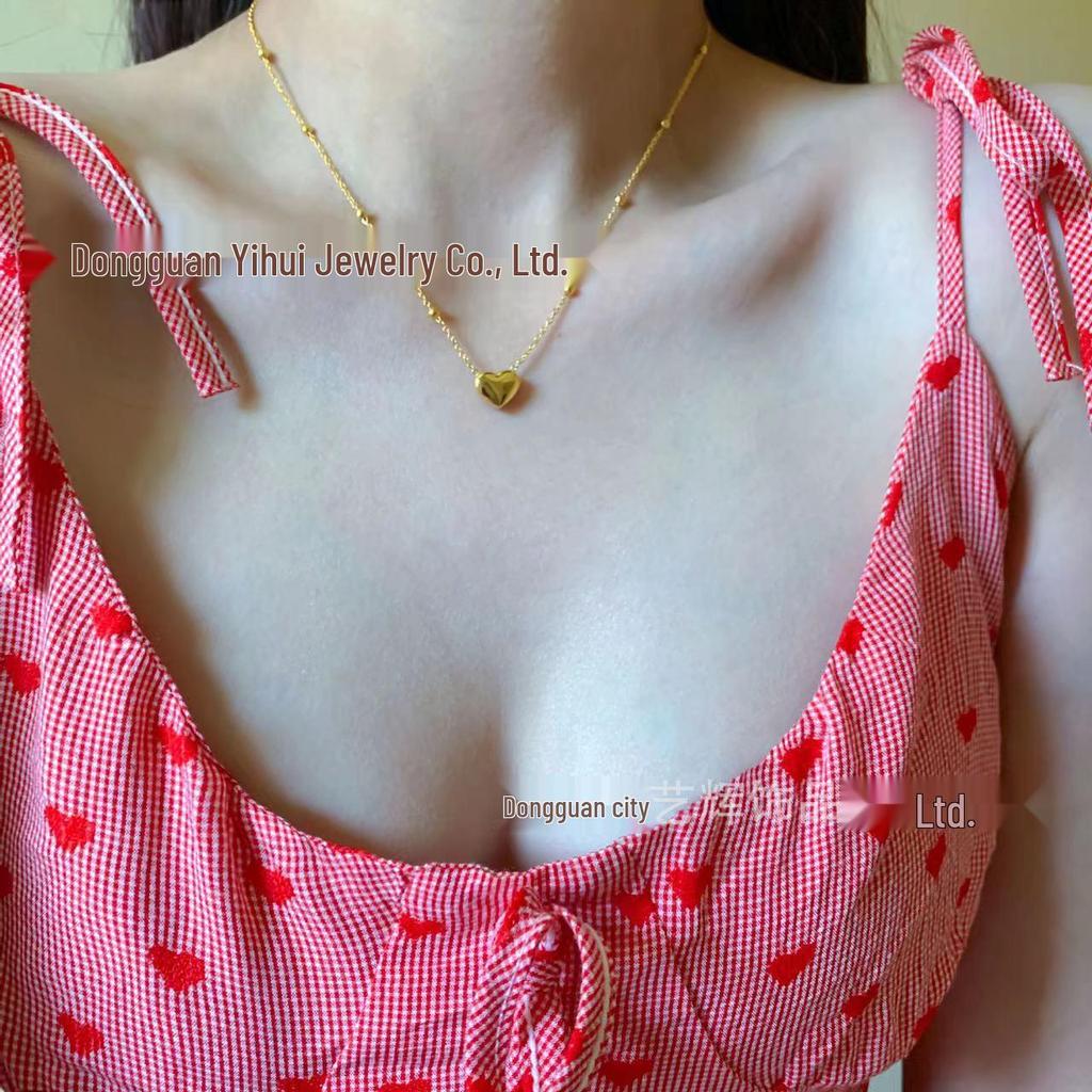 Korean Beaded Heart Clip Necklace: Women's Gold Titanium Steel Ins-Style Clavicle Chain with Stainless Steel Spacer Beads
