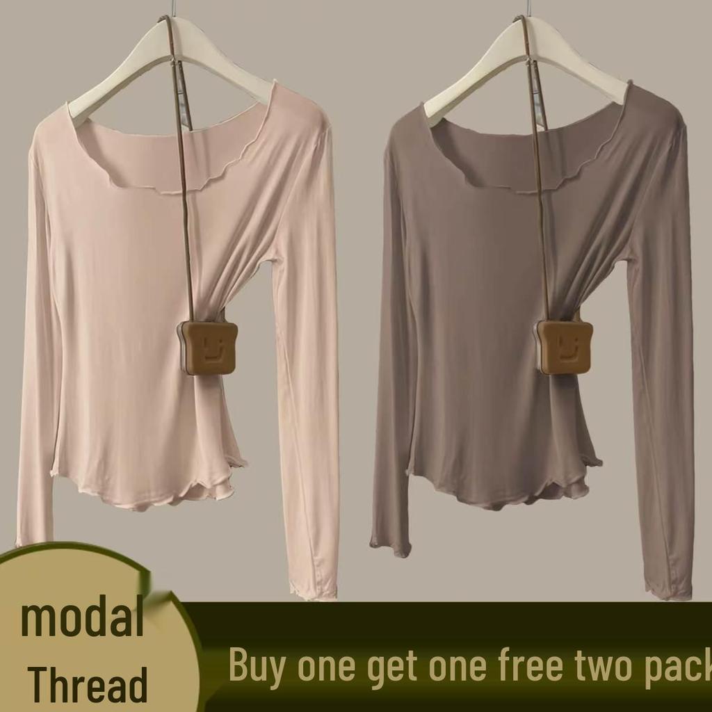 Women's Autumn Modal Ribbed Top: Round Neck, Long Sleeve, Rolled Hem, Base Layer T-Shirt