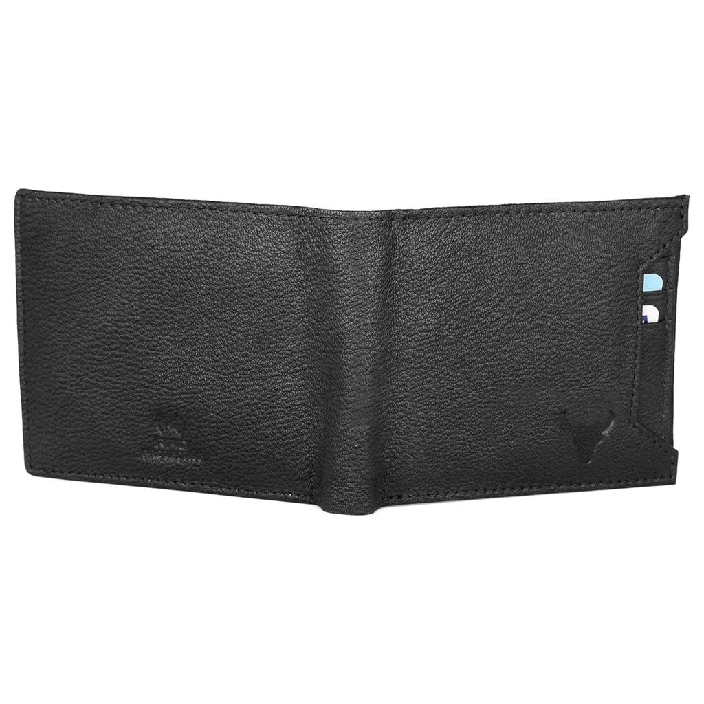 Black Leather Wallet for Men I 3 Card Slots I 2 Currency Compartments I 1 ID Window I 3 Secret Compartments I External Card Slot I 1 Coin Pocket