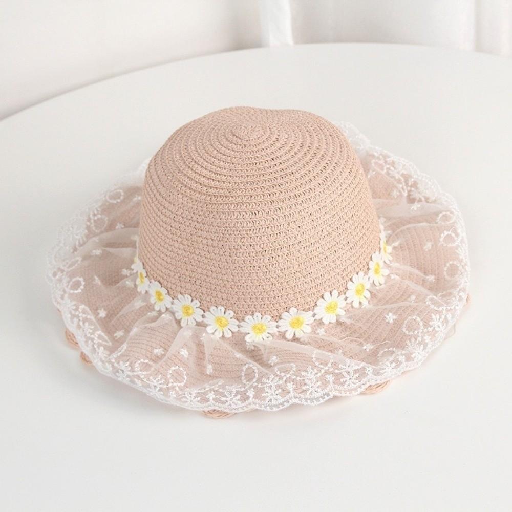 Wide Brim Straw Bag Cap Set Lace Sun Hat Sweet Fisherman Hat for 2-8 Years Kids