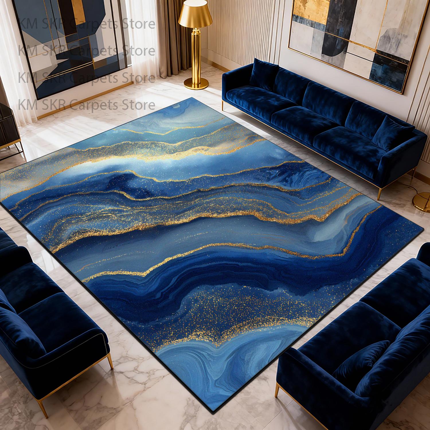 

Modern Marble Large Living Room Sofa Carpet Blue-gold Washable Non-slip Decoration Bedroom Bedside Mat Soft Fluffy Cloakroom Rug 60x90cm