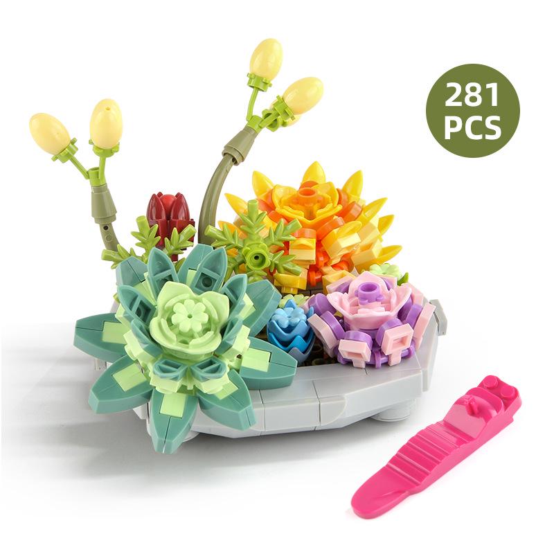Kids' Educational Interlocking Building Blocks - Flower Potted Plant (Rose & Epiphyllum) Compatible with Top Building Block Models