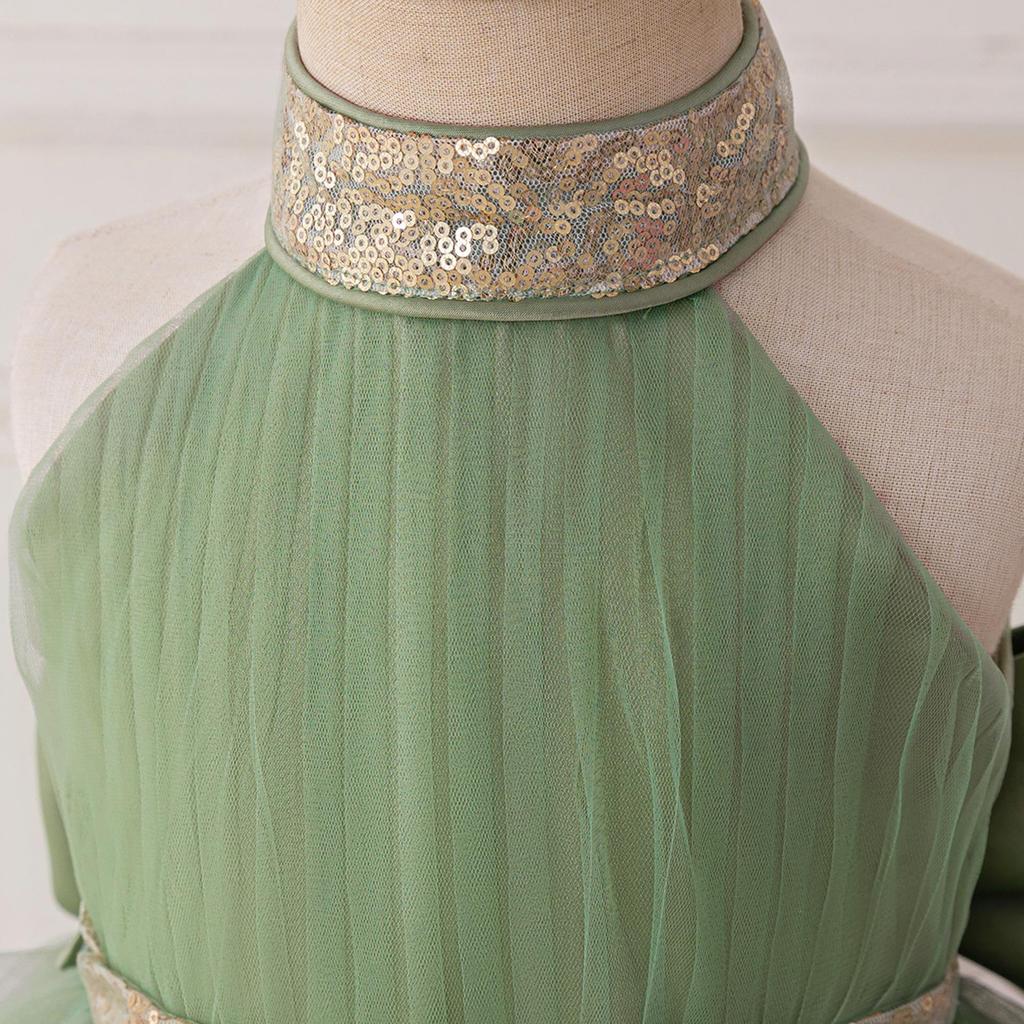 Princess Halter Mesh Evening Dress with Puffy Tiered Skirt for Children's Festival Party or Performance