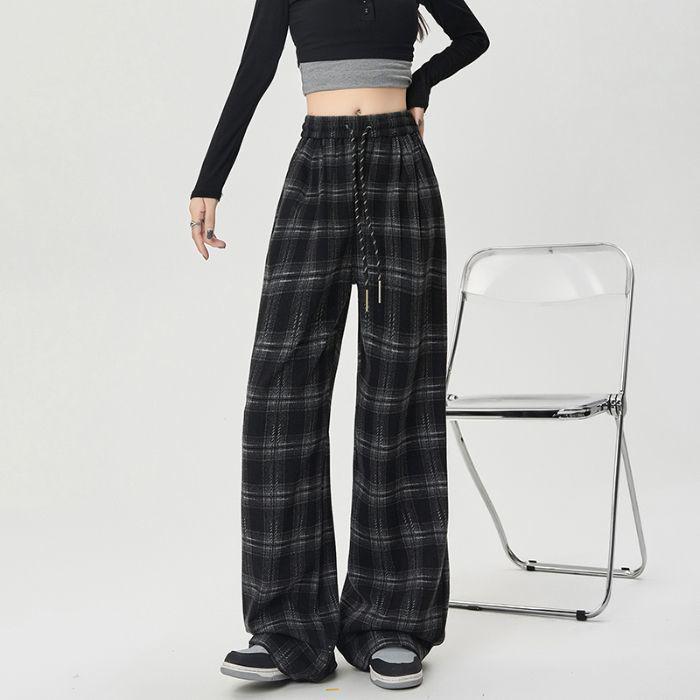 High-Waisted Plaid Casual Pants for Women – Slim Fit, Drawstring, Straight Leg, Versatile Style for Spring & Autumn. S