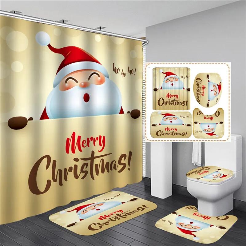 Red Santa Claus Printed Christmas Shower Curtain Set With Bath Mat Anti-Slip Carpet Bathroom Partition Waterproof Home Decor
