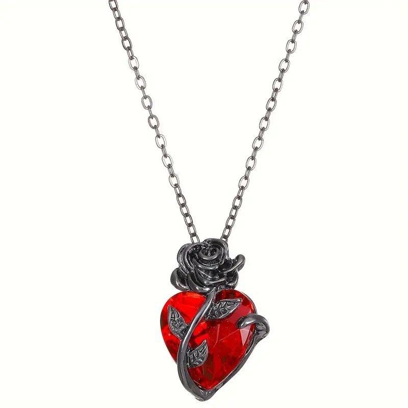 Gothic Rose Red Heart Pendant Necklace Vintage Goth Emo Grunge Black Wicked Rose Love Pendant