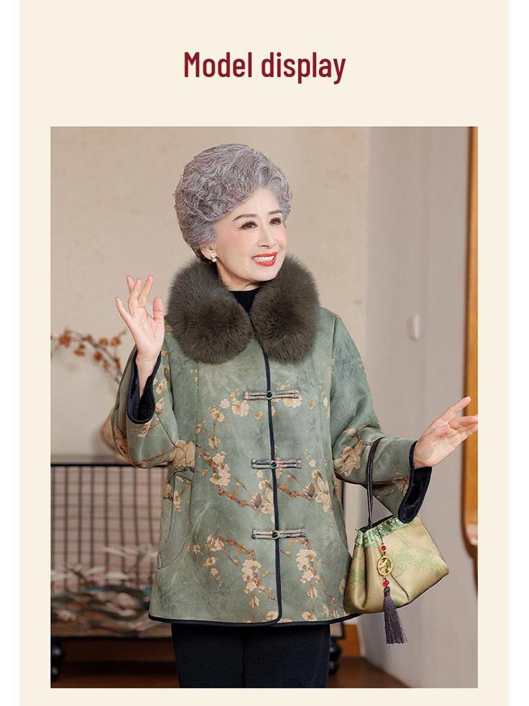 Chinese National Style Fur-Collared Winter Jacket for Middle-Aged and Elderly Women