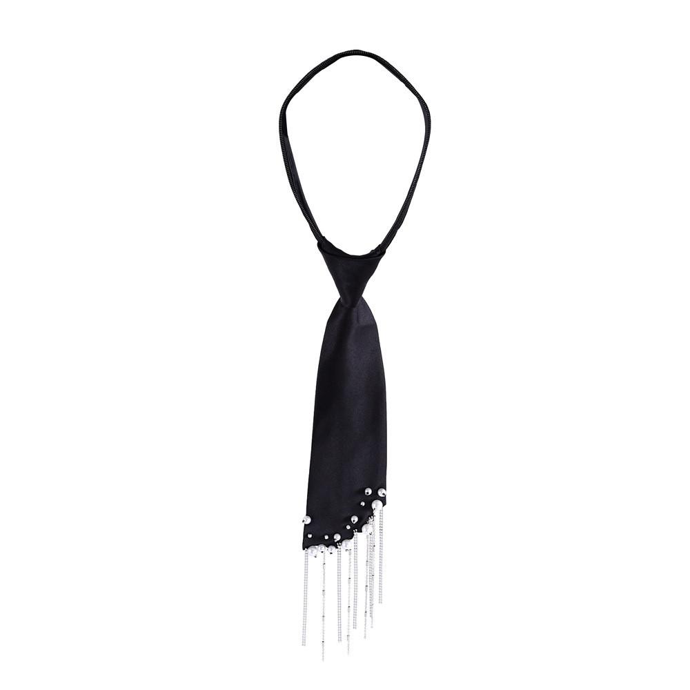 Geometric Black Satin Tie With Crown Chain Pearl Tassels For Business And Party Wear