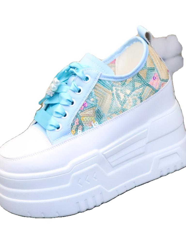 Fashion 12CM High Brand Sunthetic Summer Fashion Mesh Chunky Sneaker Hollow Casual Shoes Platform Wedge Flats Bling Leather Comfy