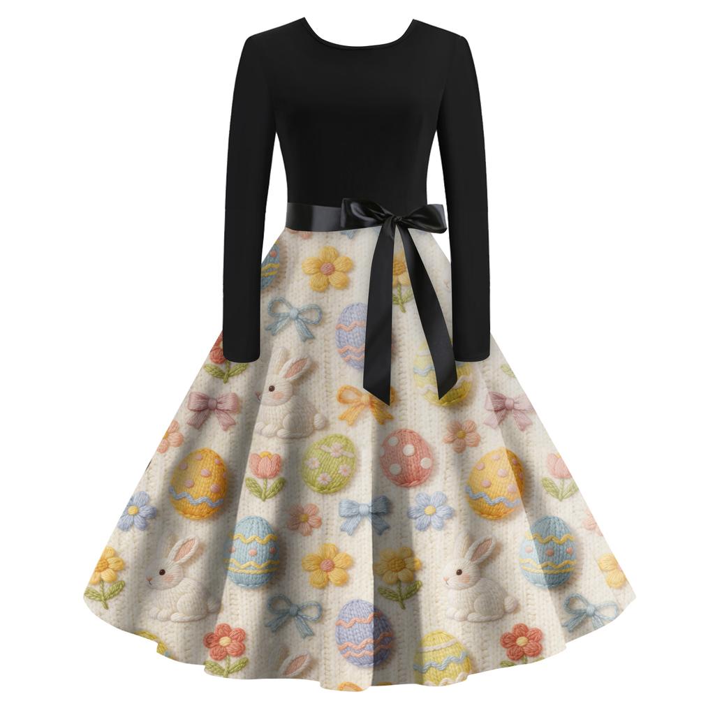 Rochie Retro cu Imprimeu de Crăciun, Casual, de Modă pentru Femei, cu Gât Rotund, Mâneci Lungi