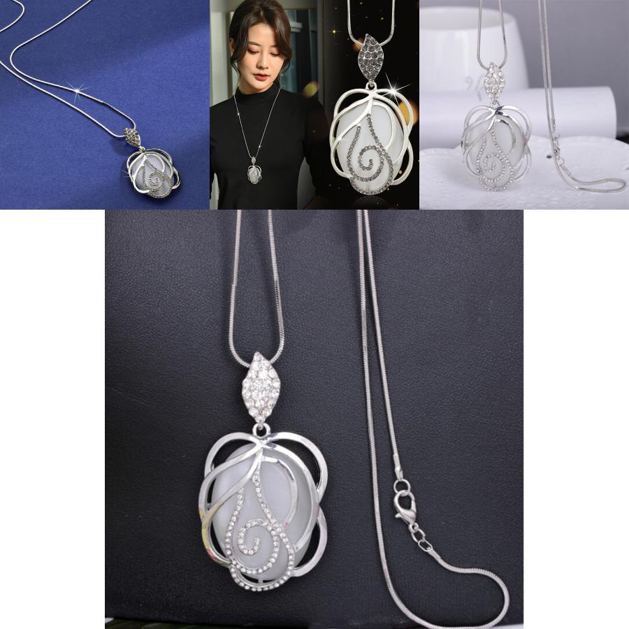 Elegant Korean Style Long Sweater Necklace With Rose Pendant And Platinum Finish