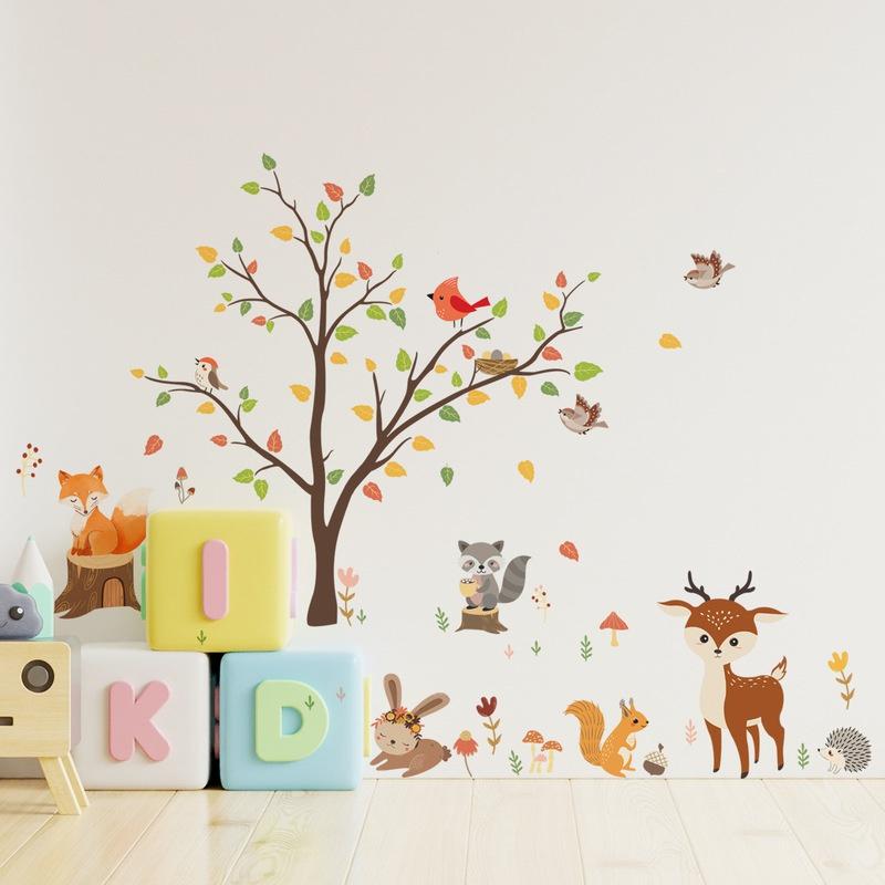 Kids Room Wall Stickers Cartoon Animals Tree Stickers DIY Wallpaper for Home Decor Fox Deer Wall Decals Baby Bedroom
