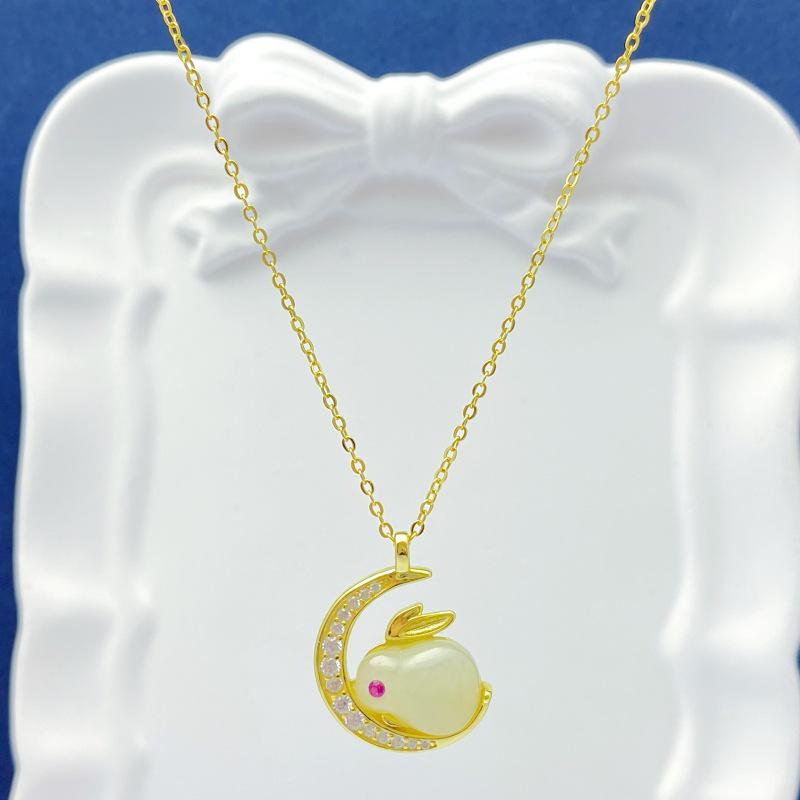 S925 Silver Rabbit Necklace with Hetian Jade - Chinese Style Luxury Design 925 Silver