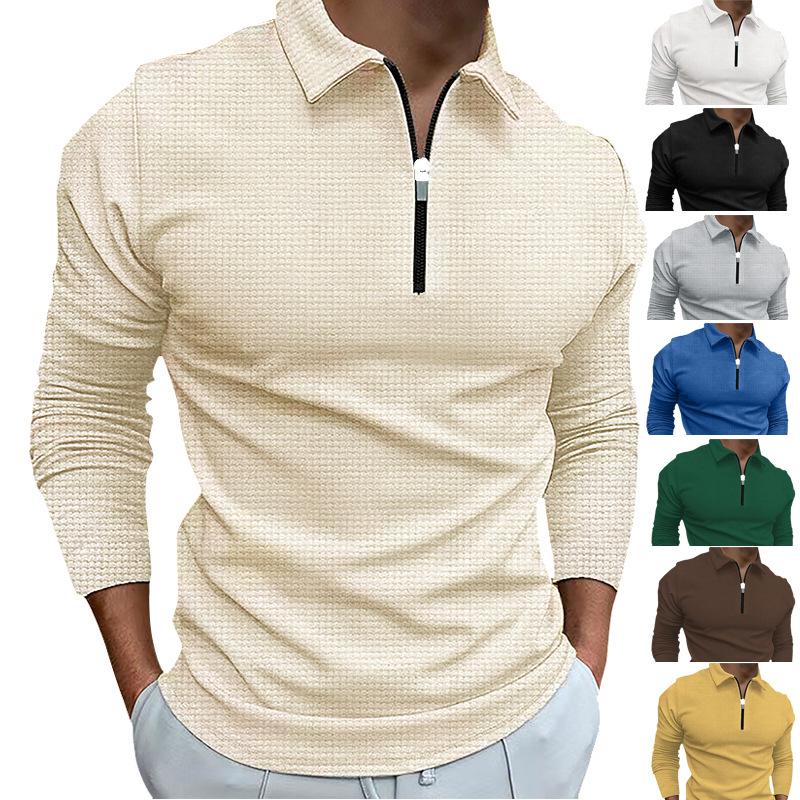 New Waffle-Weave Zip-Up Long-Sleeved Polo Shirt for Men