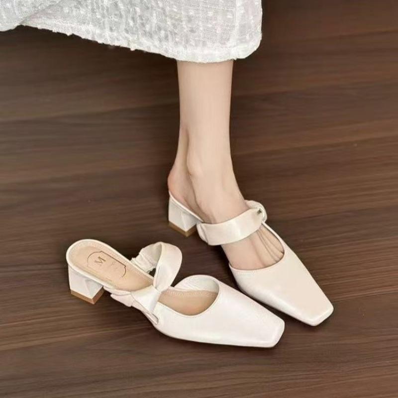 Summers New Style Evening Breeze Baotou Half Slippers French Low Heel Women's Shoes Summer New Thick Heel Slippers Zapatos Mujer