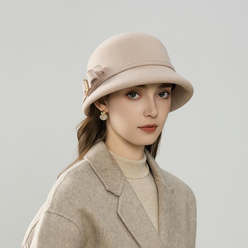 Hepburn style wool bucket hat temperament socialite felt hat autumn and winter new French elegant women's hat