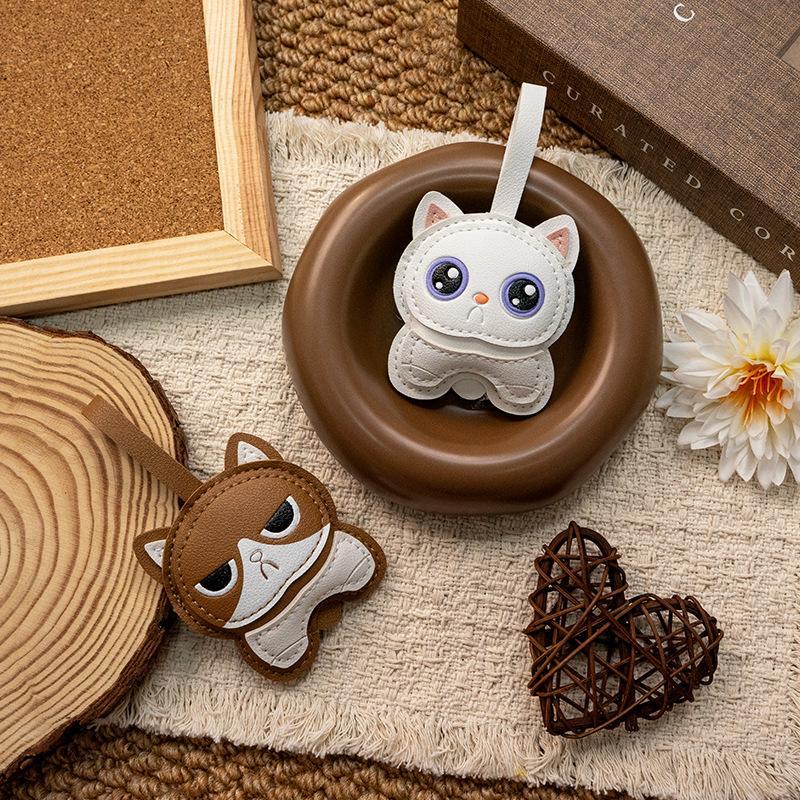 Cute Cartoon Cat Pu Leather Charm Kawaii Stitched Details For Bag Keychain Car Decor