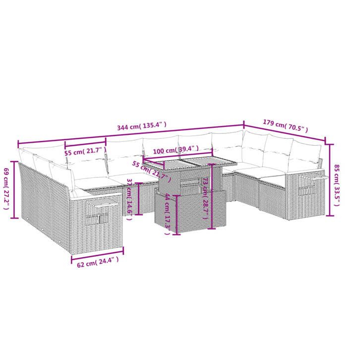 VidaXL Garden Lounge Set with Cushions 11 Pcs, Patio Sofas, Patio Furniture Set, Outdoor Furniture, Beige 3273691