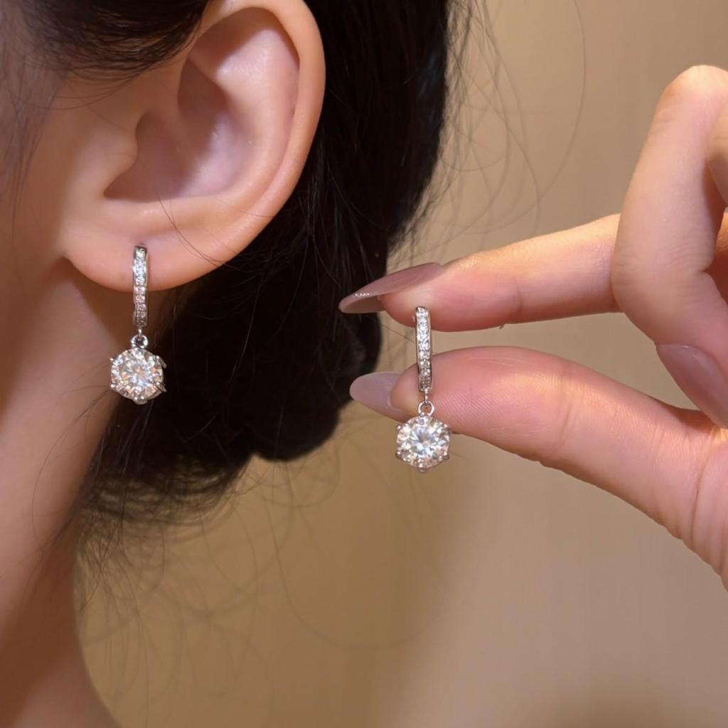 Sterling Silver Six-Prong Moissanite Dangle Earrings for Women: High-End, Fashionable, Versatile Design