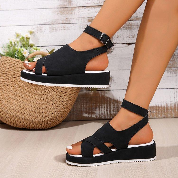 Large size one-word buckle with platform sandals, summer comfortable casual soft-soled fish mouth beach open-toed women's shoes