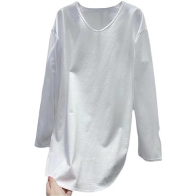 New Versatile Slit Solid Color V-neck Long-sleeved T-shirt Loose Slim Cotton Long-sleeved Top for Women