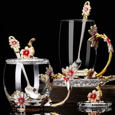 Enamel Flower Glass Coffee Mugs Vintage Transparent Glass Teacup Fancy Tea Cup Plate Set  Mom Gift