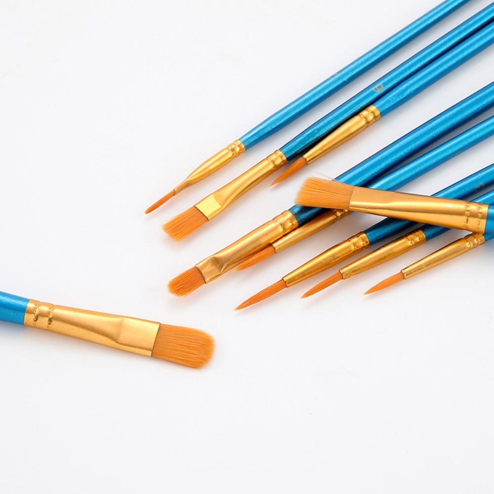 10 Nylon Brush Sets, Wooden Poles, Watercolor Paint, Oil Painting Brushes, Student Art Painting Brushes