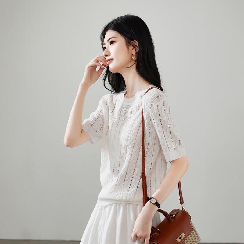 SOFSIL 2026 Spring Hollow Round Neck Short Sleeve Knit T-Shirt