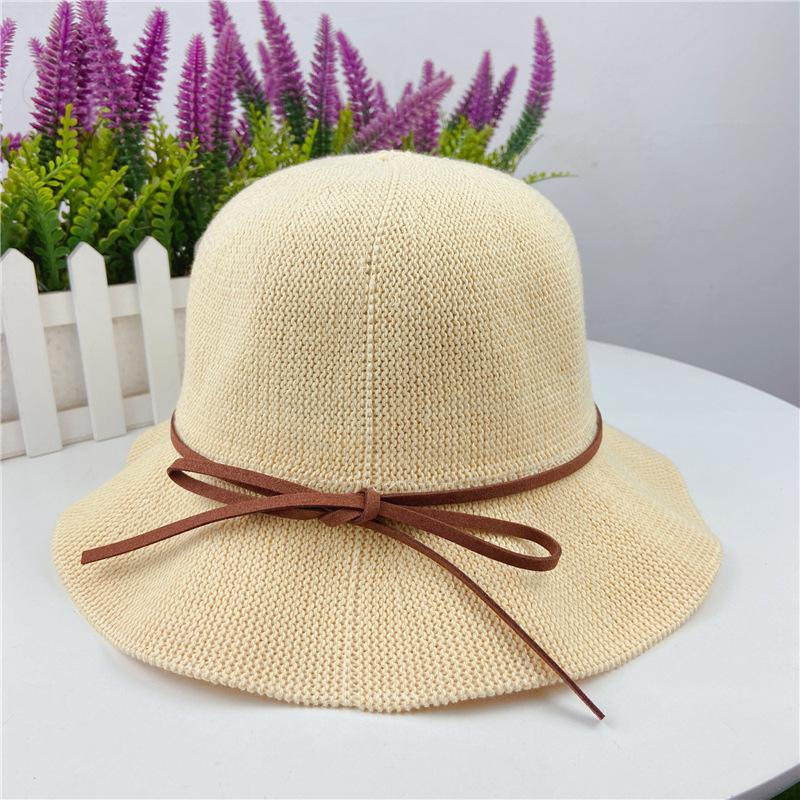 Bow wavy edge knitted bucket hat female tide brand casual versatile adjustable basin hat shows small face