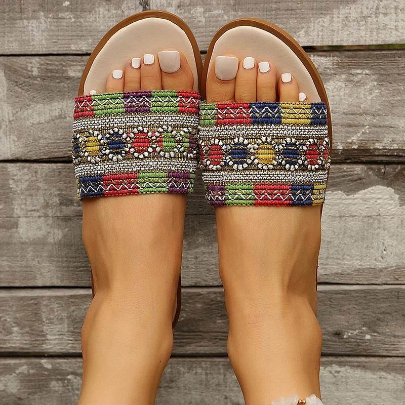 Fashion Fashion Tweed Cloth Flats Slippers Women 2025 String Bead Plus Size 36-43 Summer Sandals Woman Lightweight Outdoor Slides Female