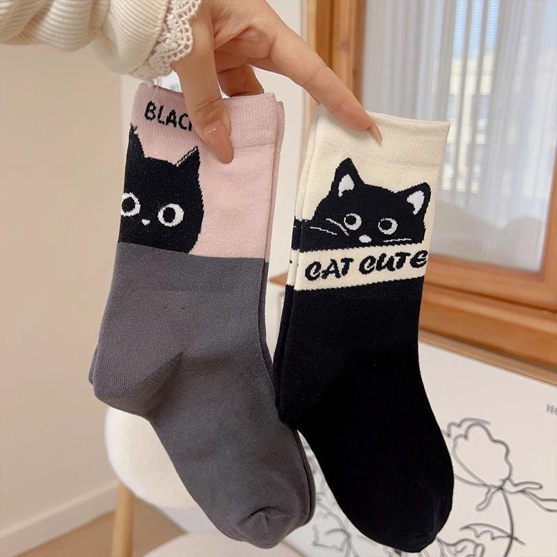 Cute Japanese Cartoon Kitten Mid-Calf Socks for Women - Spring/Summer College Style