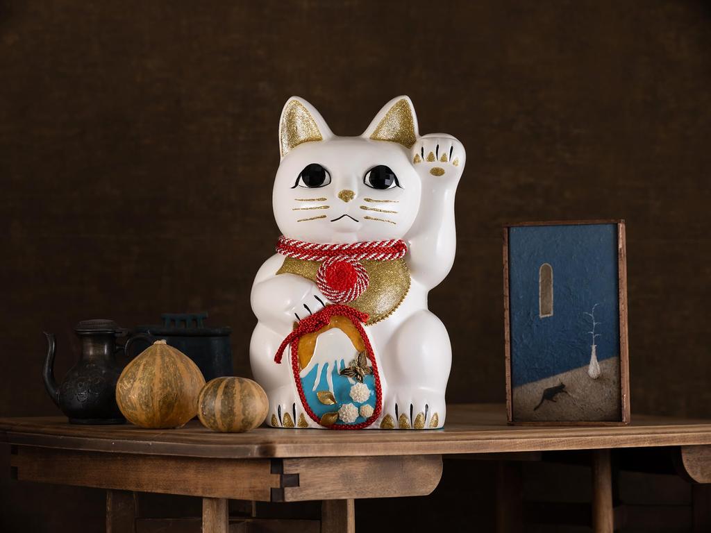 Lucky Cat Mount Fuji Left Paw Raised Ceramic Lucky Cat Maneki Neko Fujiyama Lucky Feng Shui Figurine with Offering Box (L-SIZE White) / - (fj_L White)
