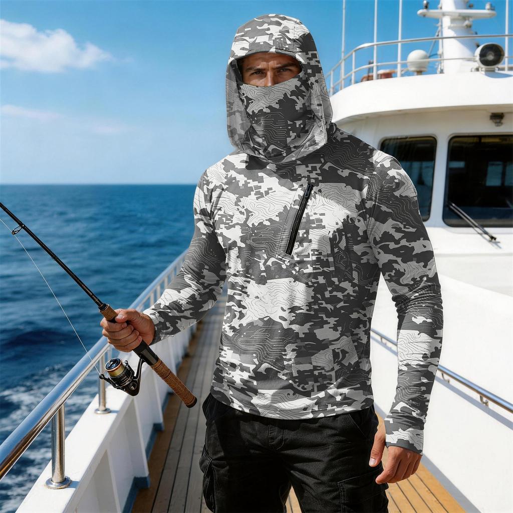 Men's Casual Camouflage Print Hooded Long Sleeve Sun Protection Shirt Lightweight Breathable Outdoor Sports Top with Zipper Pocket