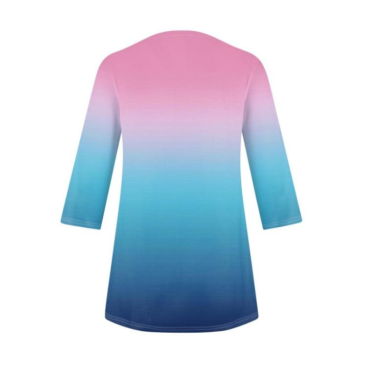 Women 3/4 Sleeve Round Neck T Shirt Casual Print Blouse Pullover Tops with Pocket Mid Length