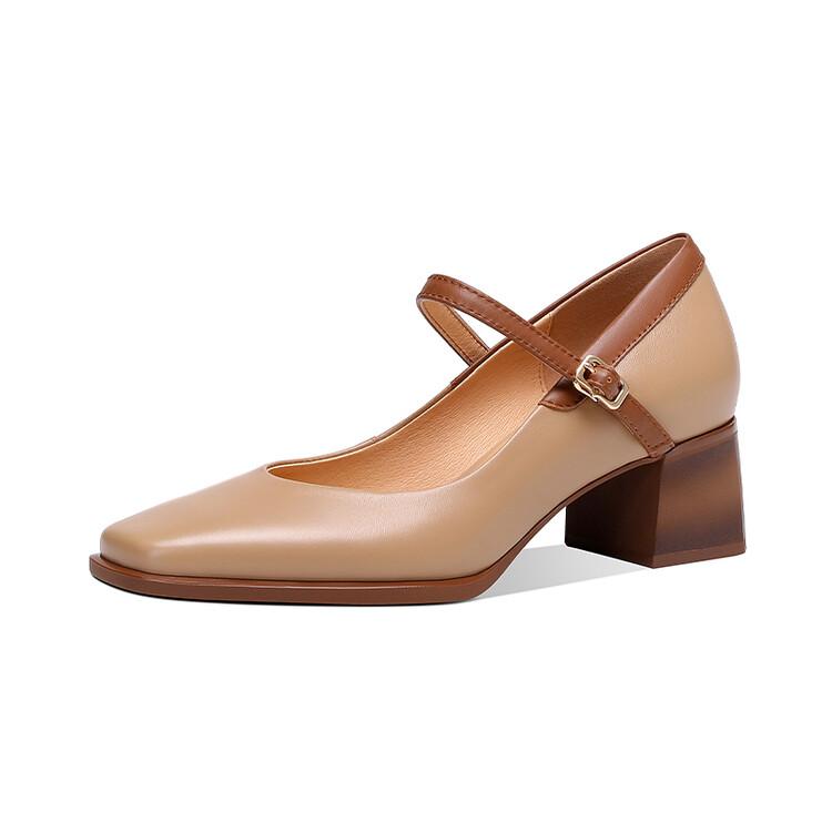 Fashion New Genuine Leather Vintage Women Shoes Fashion Square Toe Pumps Chunky Heel Spring Shoes Women Zapatos De Mujer Mary Jane Shoes
