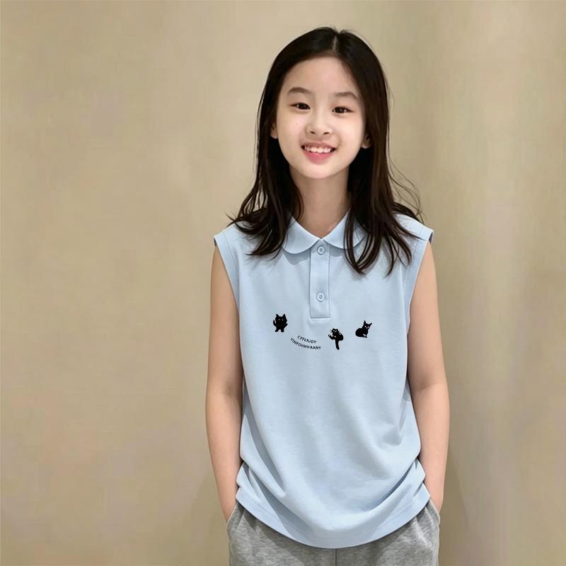 Korean-Style Girls' Cotton Sleeveless Polo Shirt - Trendy Summer Top for Middle & Older Children