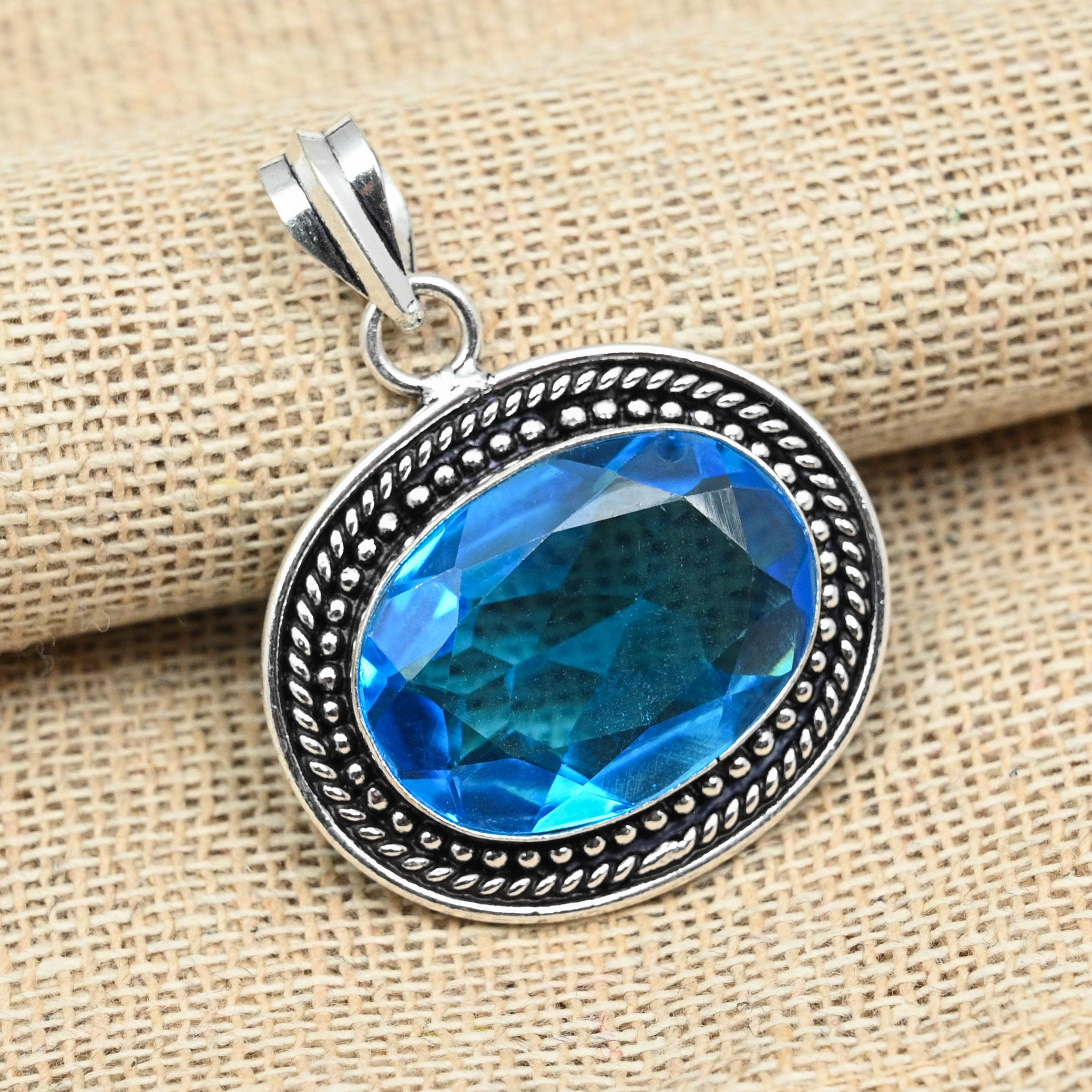 

Подвеска из стерлингового серебра 925 пробы с синим топазом и драгоценным камнем ручной работы для женщин 1.77 Inches синий